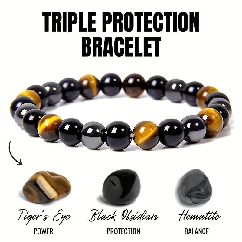 Triple Protection Bracelet with Tiger'S Eye Obsidian Hematite Beads