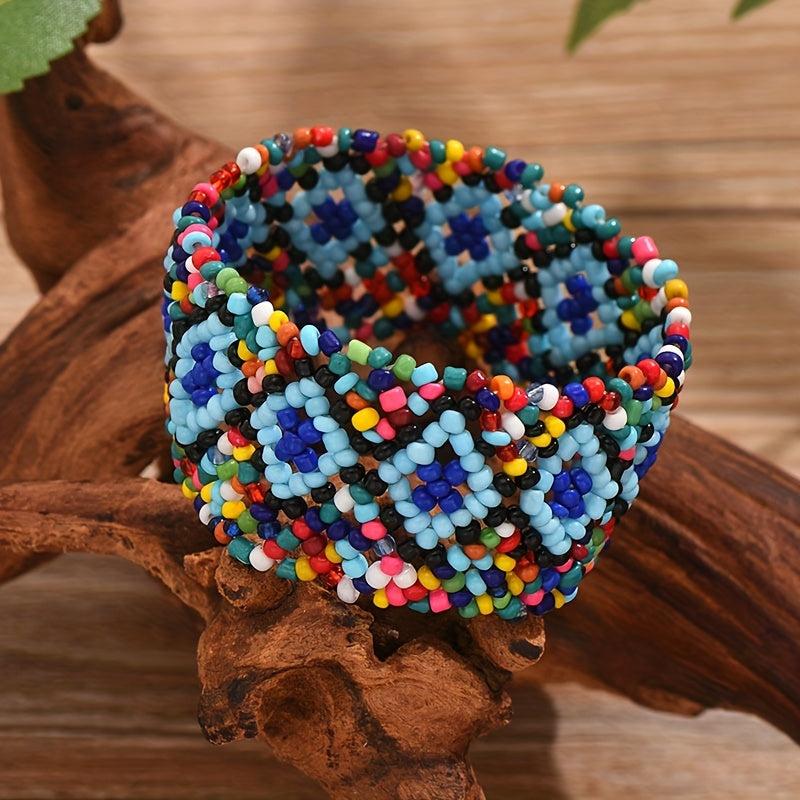 Multicolor Geometric Beaded Stretch Bracelet Bohemian Style Elastic Wristband