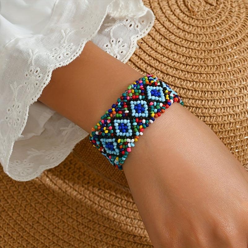 Multicolor Geometric Beaded Stretch Bracelet Bohemian Style Elastic Wristband