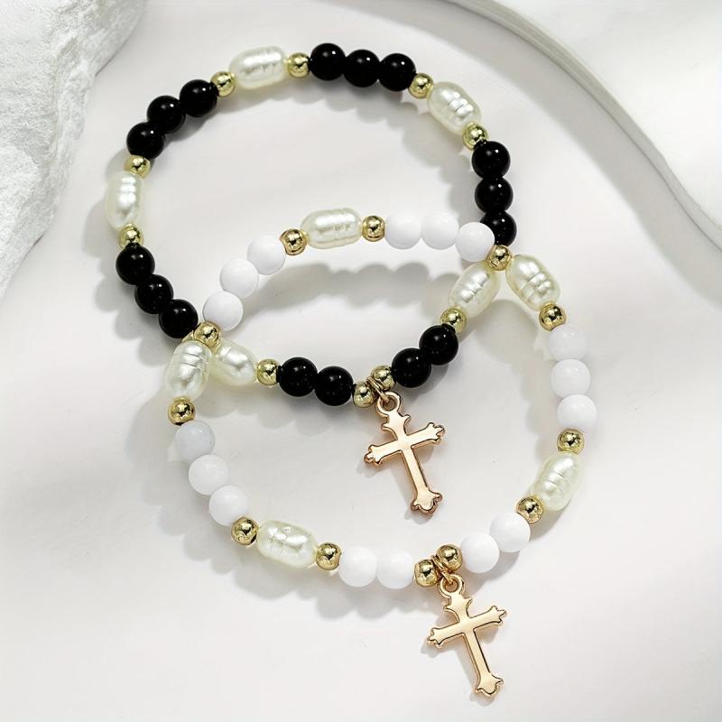 2pcs Beaded Cross Pendant Double Layer Women's Bracelets - Ideal Holiday Gift