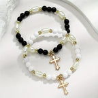 2pcs Beaded Cross Pendant Double Layer Women's Bracelets - Ideal Holiday Gift