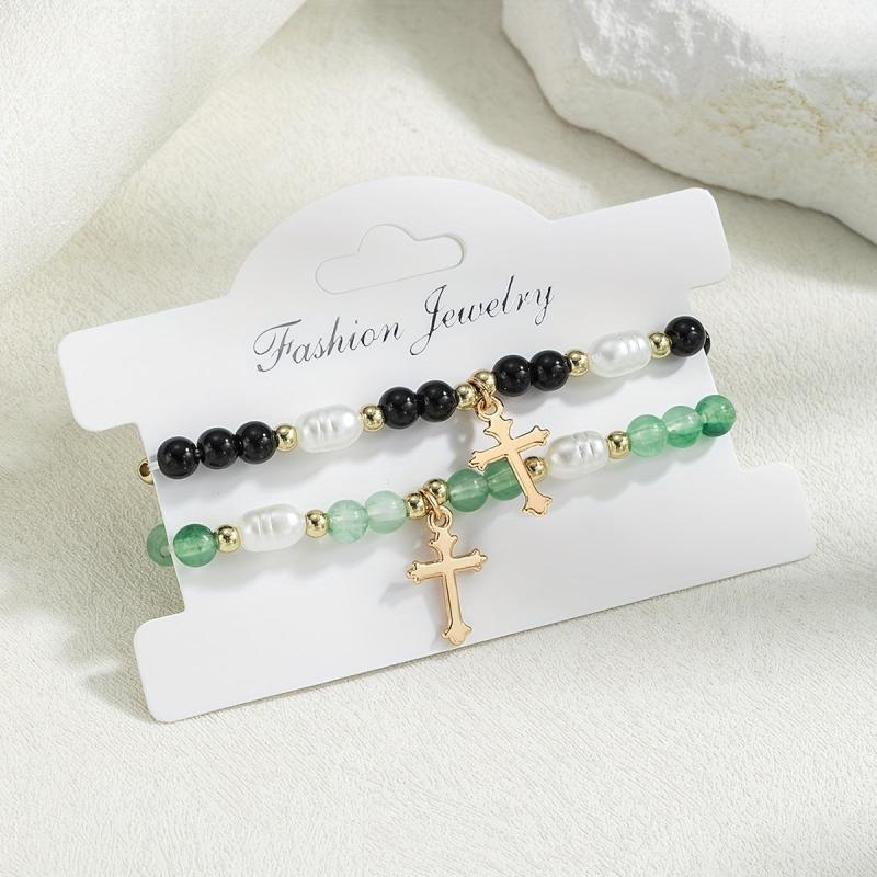 2pcs Beaded Cross Pendant Double Layer Women's Bracelets - Ideal Holiday Gift