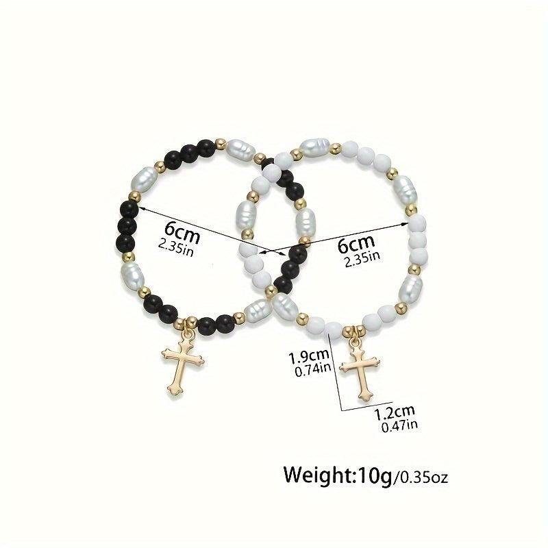 2pcs Beaded Cross Pendant Double Layer Women's Bracelets - Ideal Holiday Gift