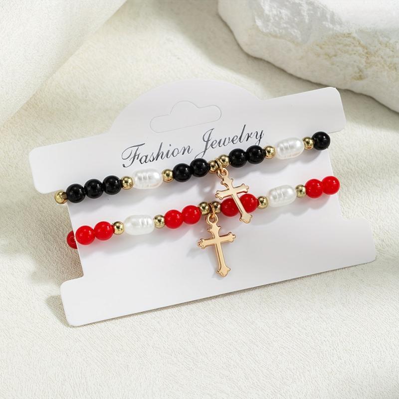 2pcs Beaded Cross Pendant Double Layer Women's Bracelets - Ideal Holiday Gift