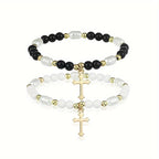 2pcs Beaded Cross Pendant Double Layer Women's Bracelets - Ideal Holiday Gift