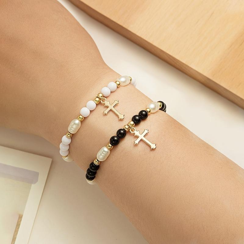 2pcs Beaded Cross Pendant Double Layer Women's Bracelets - Ideal Holiday Gift