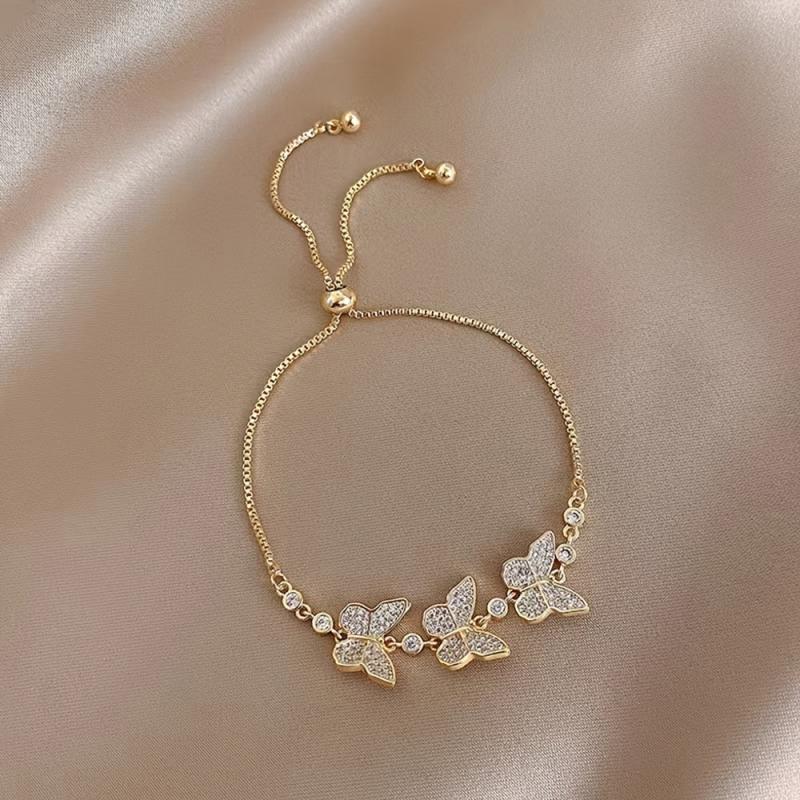 14K Gold Butterfly Rhinestone Bracelet for Women