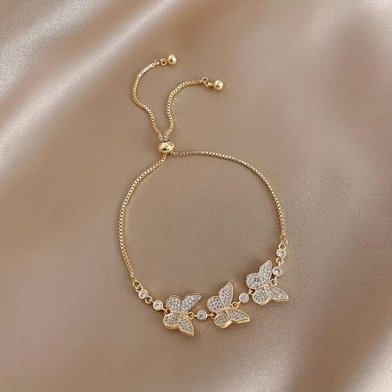 14K Gold Butterfly Rhinestone Bracelet for Women