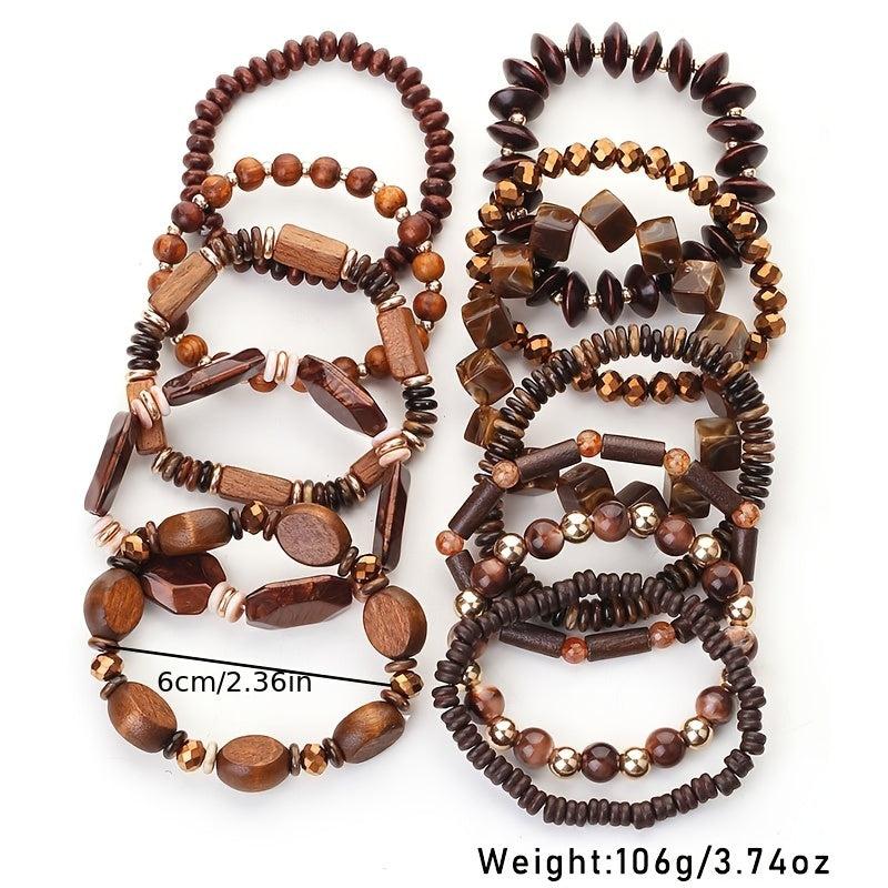 12pcs Boho Wood Bead Bracelet Set Mix Stackable Ethnic Outdoor Accessory