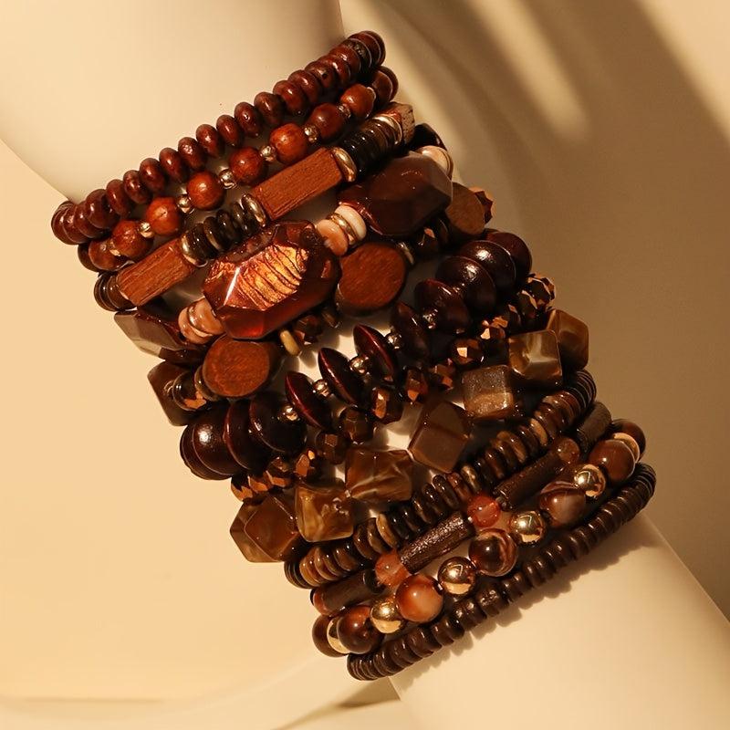 12pcs Boho Wood Bead Bracelet Set Mix Stackable Ethnic Outdoor Accessory