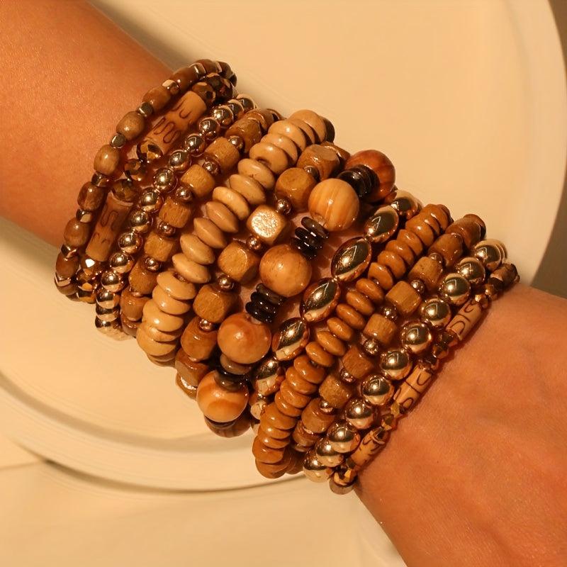 12pcs Boho Wood Bead Bracelet Set Mix Stackable Ethnic Outdoor Accessory