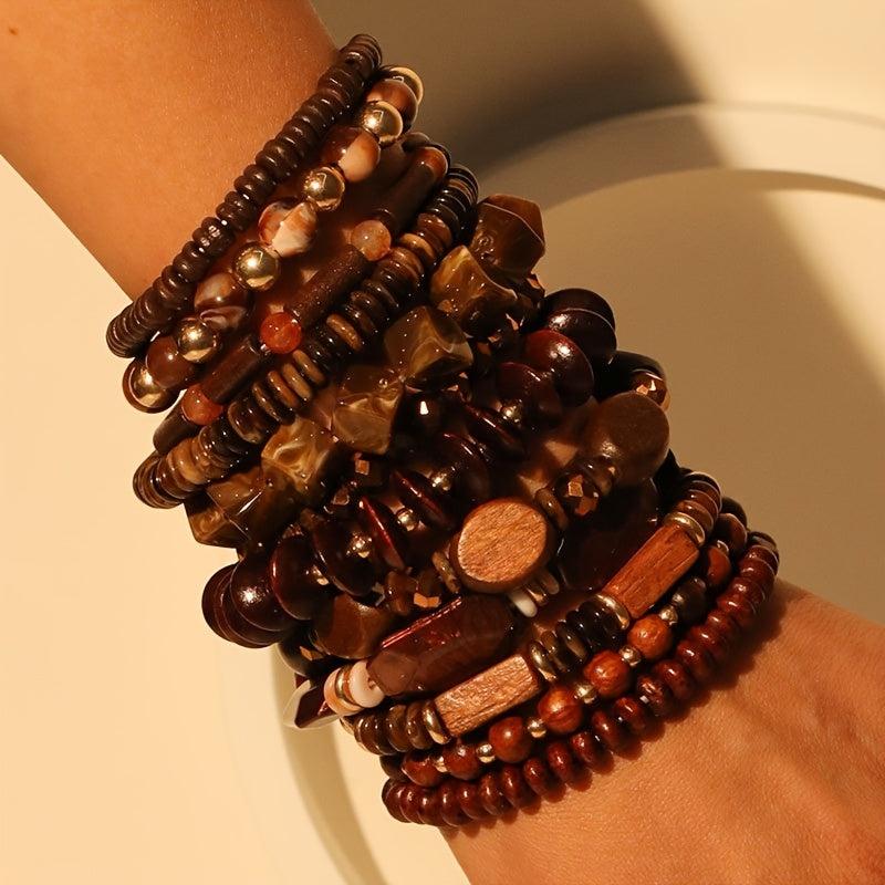 12pcs Boho Wood Bead Bracelet Set Mix Stackable Ethnic Outdoor Accessory