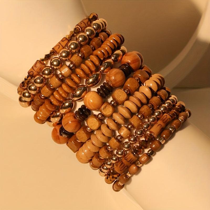12pcs Boho Wood Bead Bracelet Set Mix Stackable Ethnic Outdoor Accessory