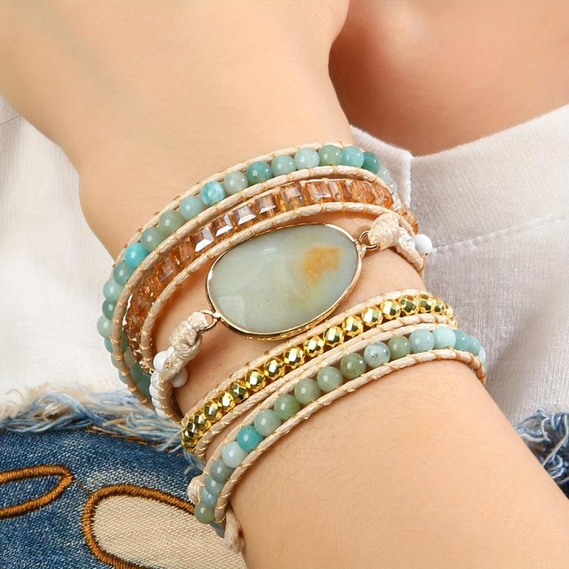 Boho Wrap Bracelet Natural Stone Glass Hematite Beaded Braid