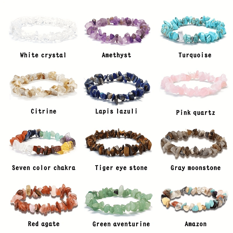 12pcs Vintage Natural Crystal Gemstone Bracelet Set Elastic Cord 12 Unique Chakr