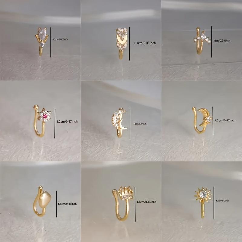 9pcs Nose Clip Set Women No Piercing Needed Design with CZ for Daily Wear