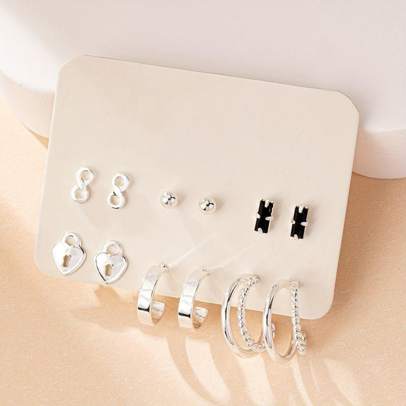 6-Pair 18K Gold-Plated Stud Earrings Set Heart & Symbol Design