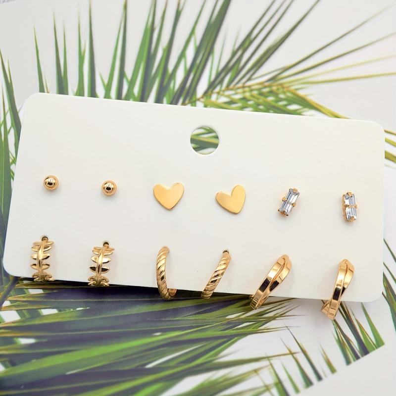 6-Pair 18K Gold-Plated Stud Earrings Set Heart & Symbol Design