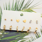 6-Pair 18K Gold-Plated Stud Earrings Set Heart & Symbol Design