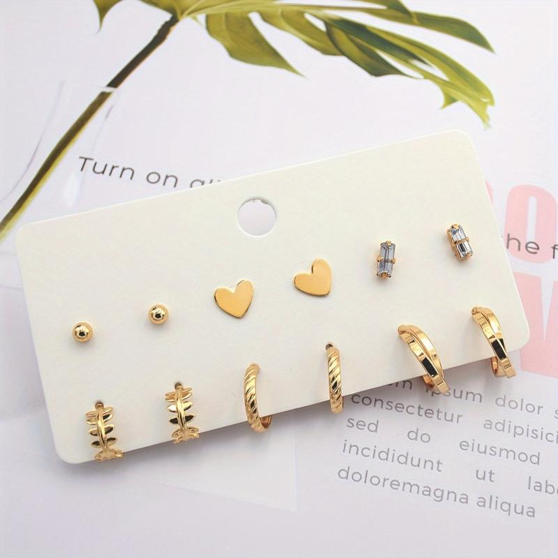 6-Pair 18K Gold-Plated Stud Earrings Set Heart & Symbol Design