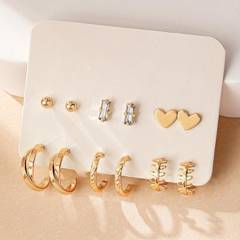 6-Pair 18K Gold-Plated Stud Earrings Set Heart & Symbol Design