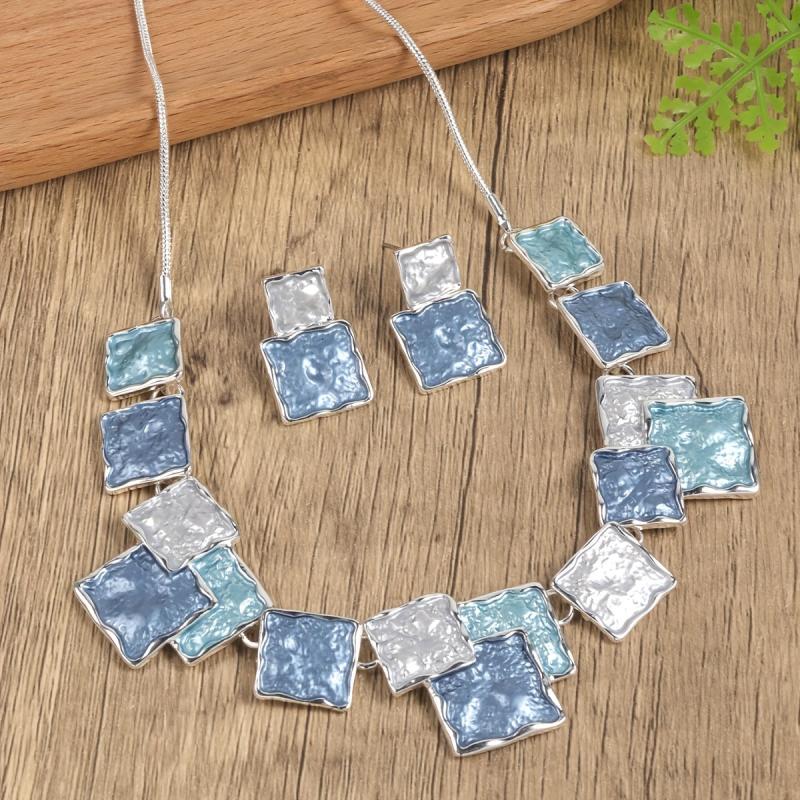 Enamel Drop Earrings & Necklace Set, Handcrafted Zinc Alloy Square Links