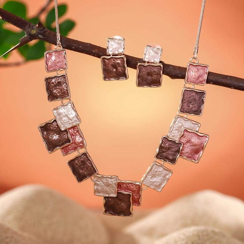 Enamel Drop Earrings & Necklace Set, Handcrafted Zinc Alloy Square Links
