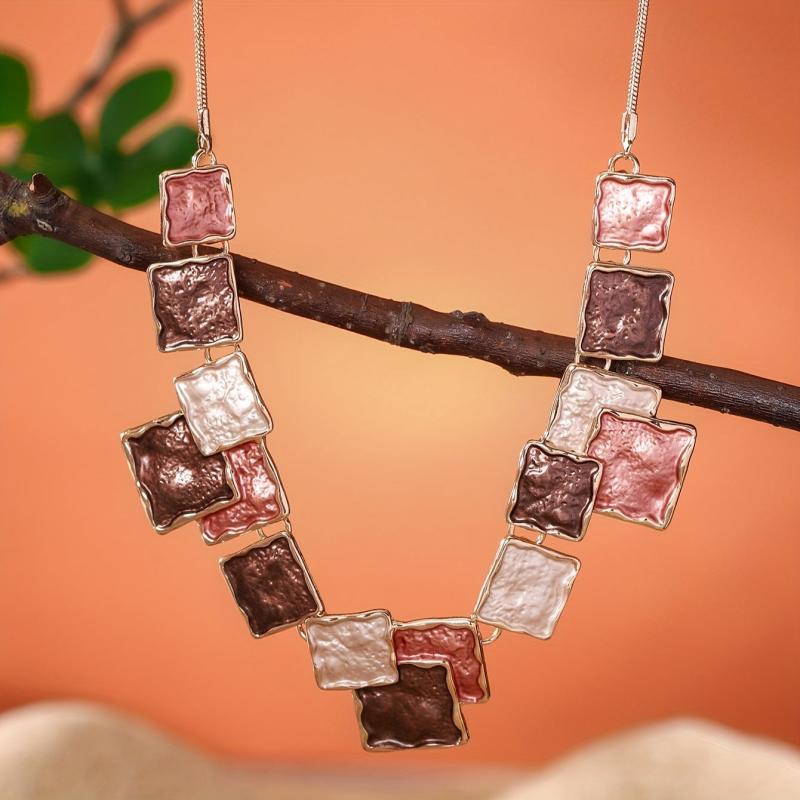 Enamel Drop Earrings & Necklace Set, Handcrafted Zinc Alloy Square Links