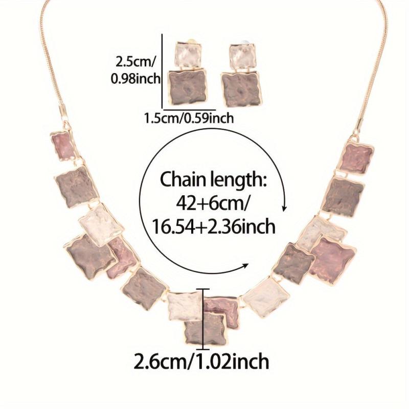 Enamel Drop Earrings & Necklace Set, Handcrafted Zinc Alloy Square Links
