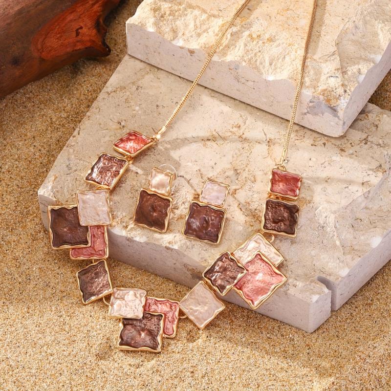 Enamel Drop Earrings & Necklace Set, Handcrafted Zinc Alloy Square Links
