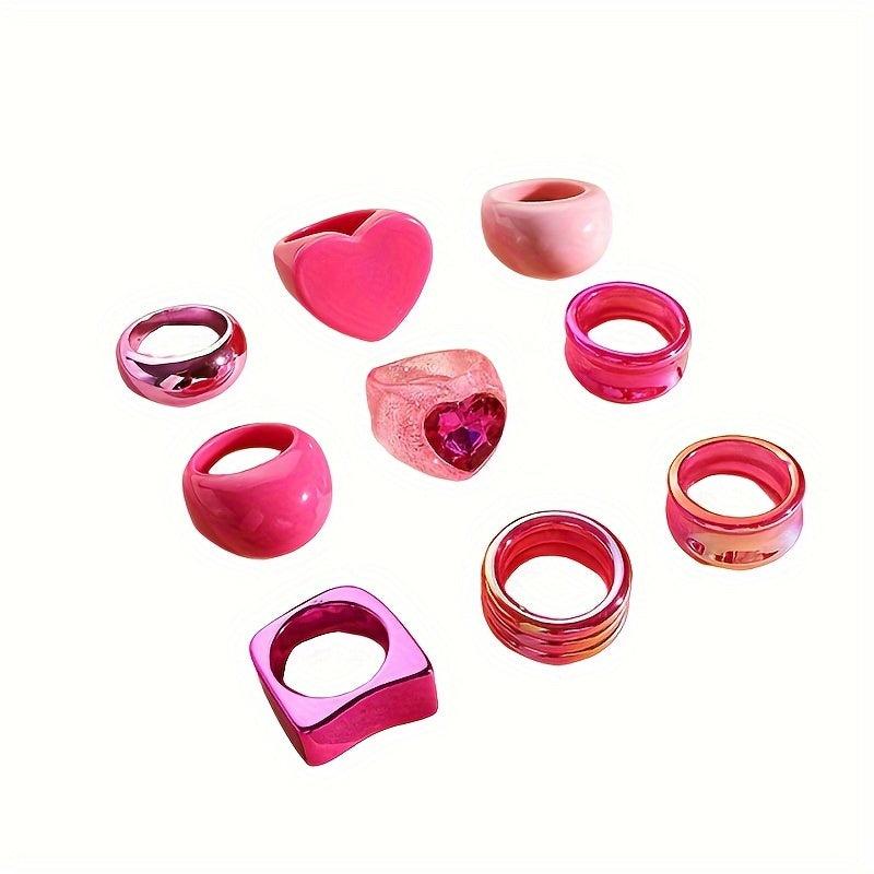 9pcs Rose Pink Floral Heart Shaped Resin Ring Set for Women