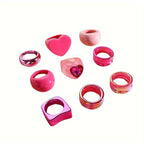 9pcs Rose Pink Floral Heart Shaped Resin Ring Set for Women