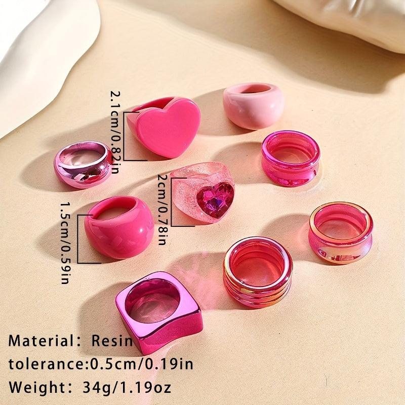 9pcs Rose Pink Floral Heart Shaped Resin Ring Set for Women