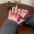 9pcs Rose Pink Floral Heart Shaped Resin Ring Set for Women