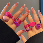 9pcs Rose Pink Floral Heart Shaped Resin Ring Set for Women
