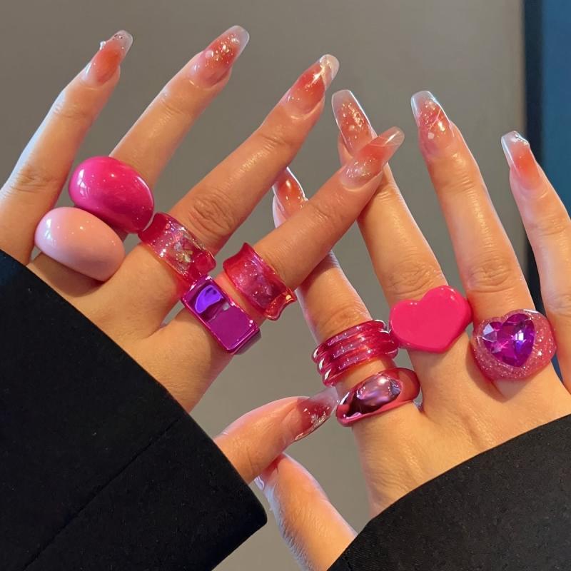 9pcs Rose Pink Floral Heart Shaped Resin Ring Set for Women
