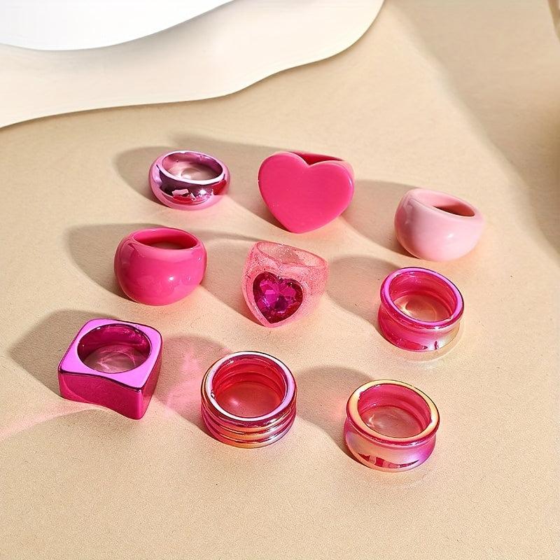 9pcs Rose Pink Floral Heart Shaped Resin Ring Set for Women