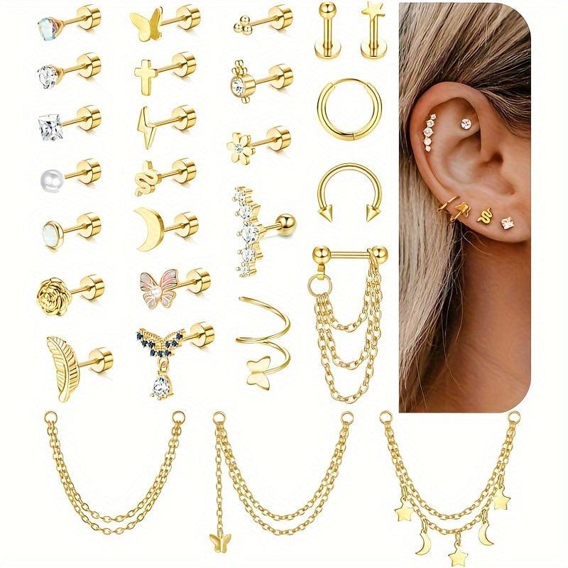 27pcs Stainless Steel Cartilage Earrings Set