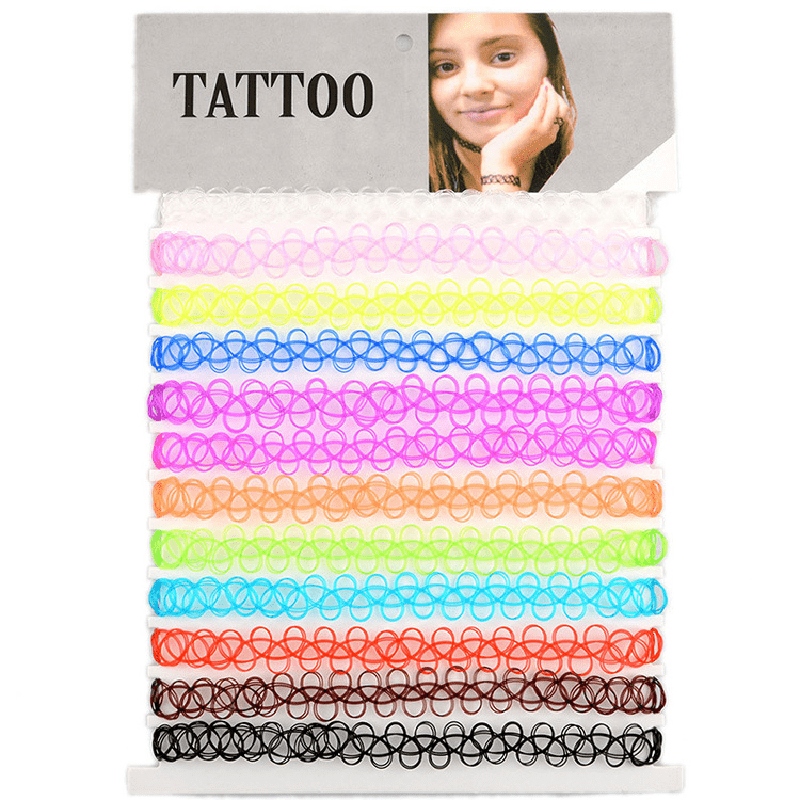 12 Pack Colorful Gothic Style Chokers Plastic Weave Necklaces