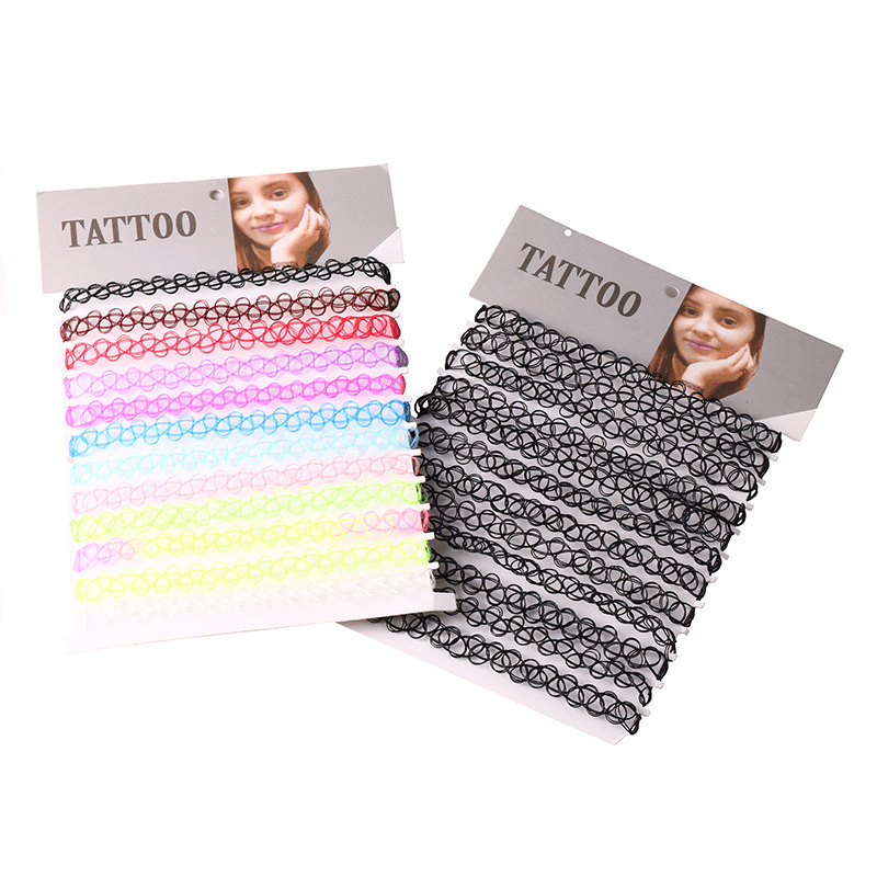 12 Pack Colorful Gothic Style Chokers Plastic Weave Necklaces