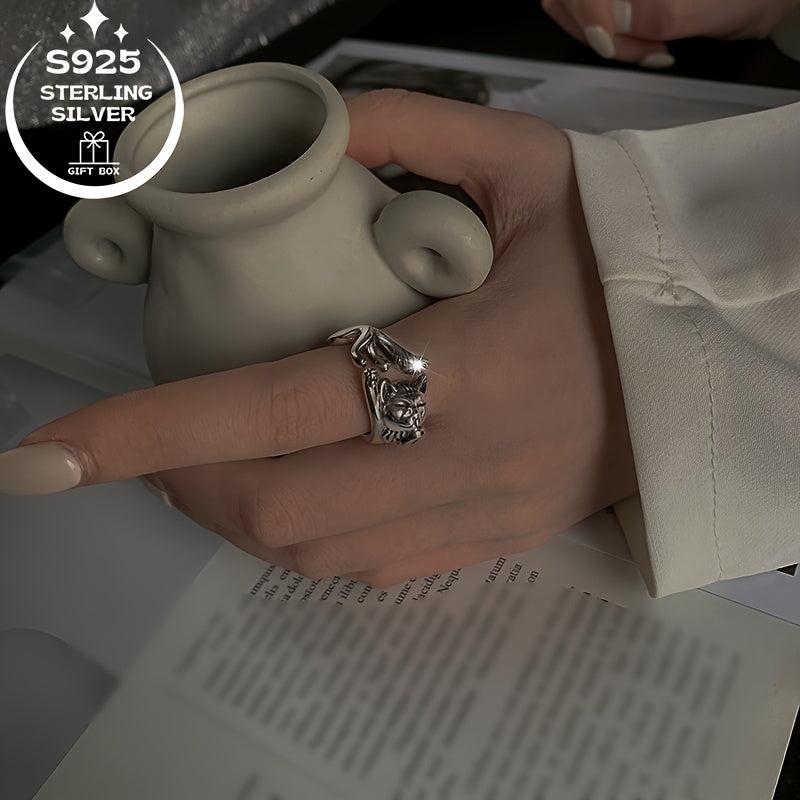 925 Silver Lucky Cat Adjustable Women's Ring