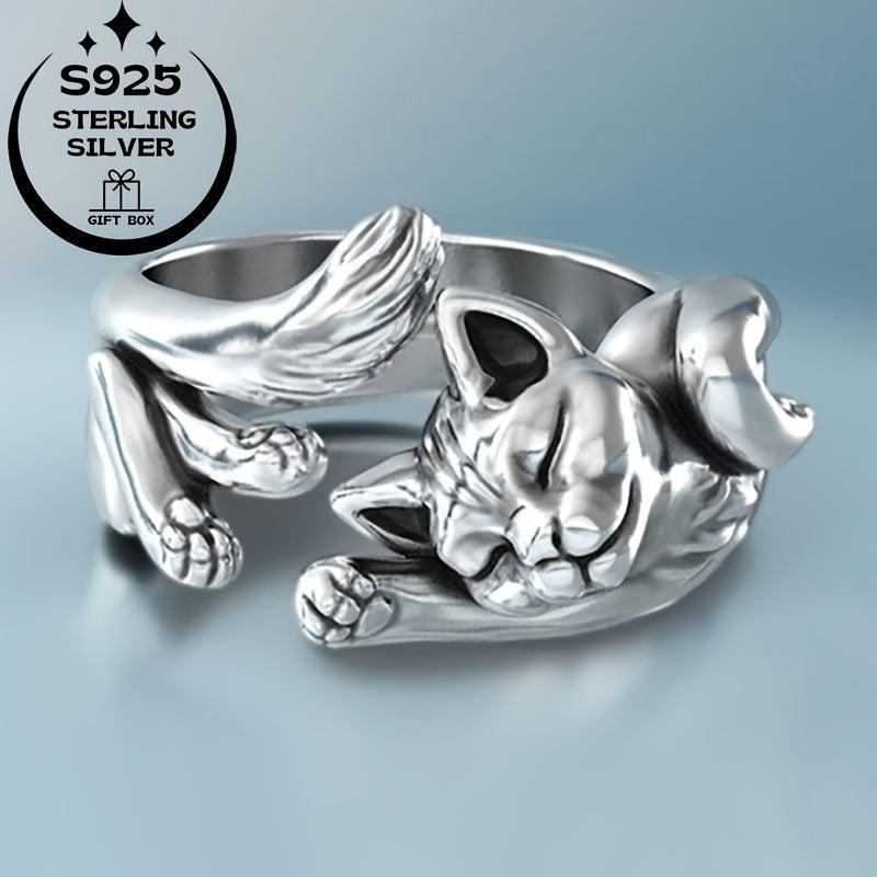 925 Silver Lucky Cat Adjustable Women's Ring