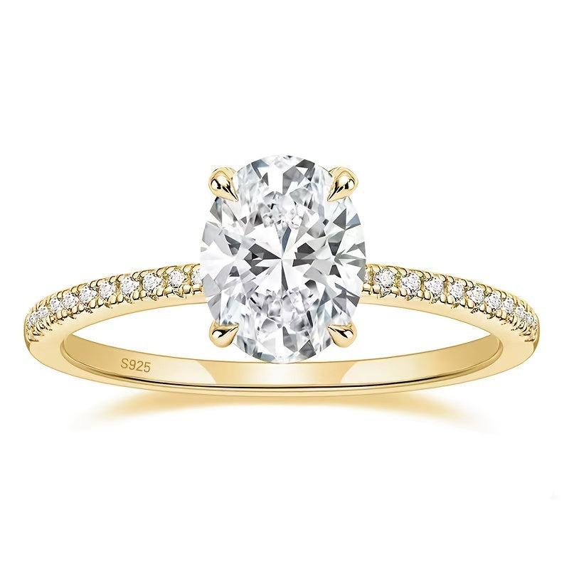 S925 Silver Ring 14K Gold Plated 1-3CT Zirconia Oval Setting
