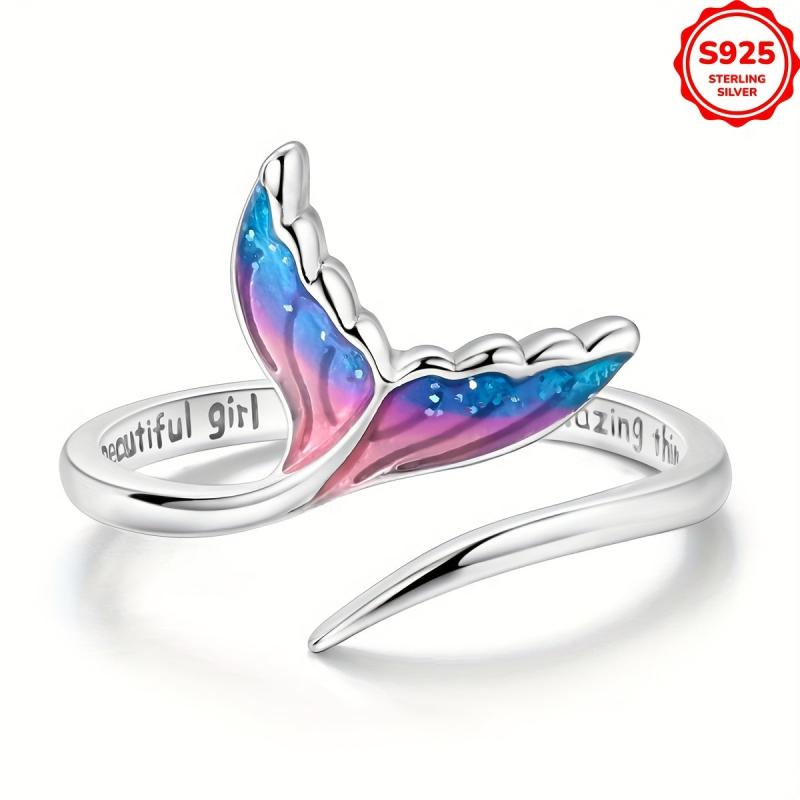 Sterling Silver Mermaid Tail Ring with Opalescent Inlay - Wedding