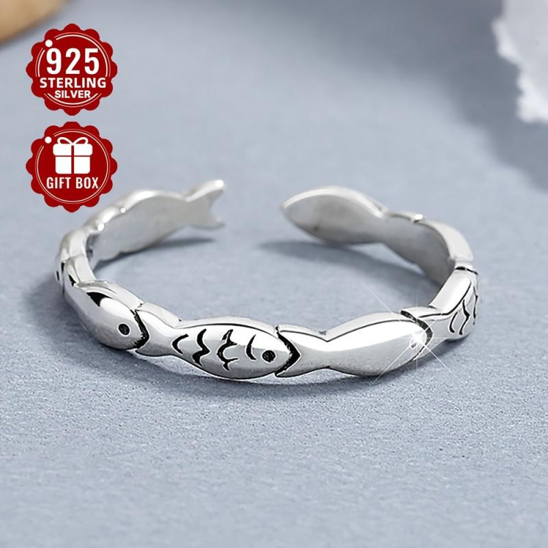 925 Silver Small Fish Ring Women's Open Ring Retro Hand Ornament