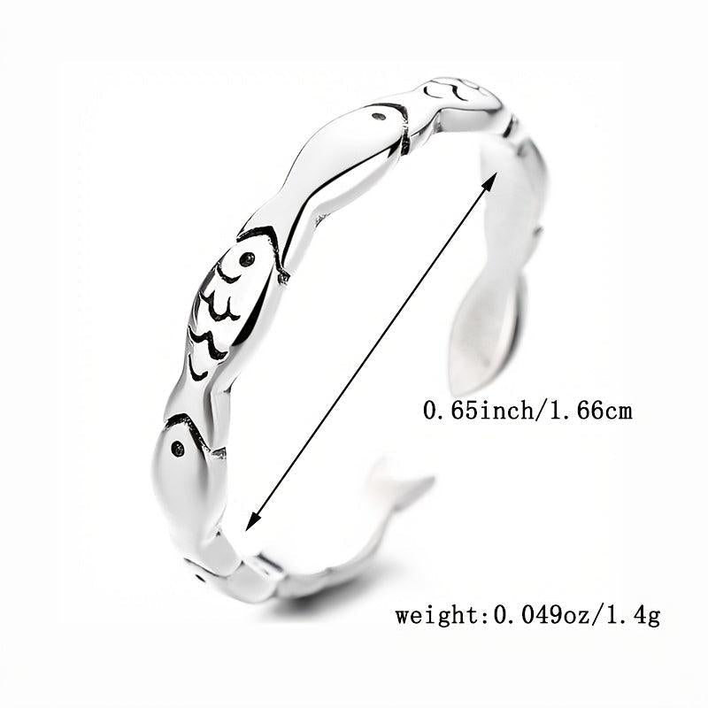 925 Silver Small Fish Ring Women's Open Ring Retro Hand Ornament