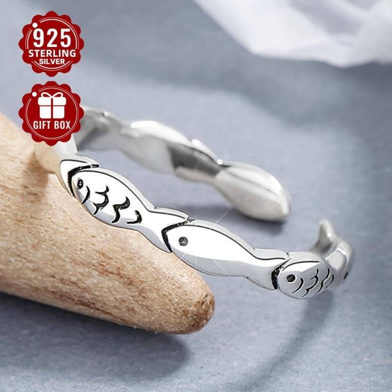 925 Silver Small Fish Ring Women's Open Ring Retro Hand Ornament