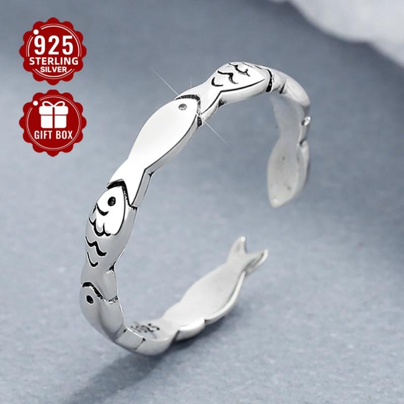 925 Silver Small Fish Ring Women's Open Ring Retro Hand Ornament