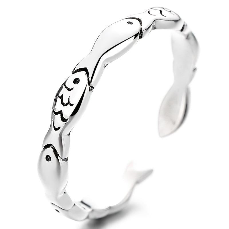 925 Silver Small Fish Ring Women's Open Ring Retro Hand Ornament