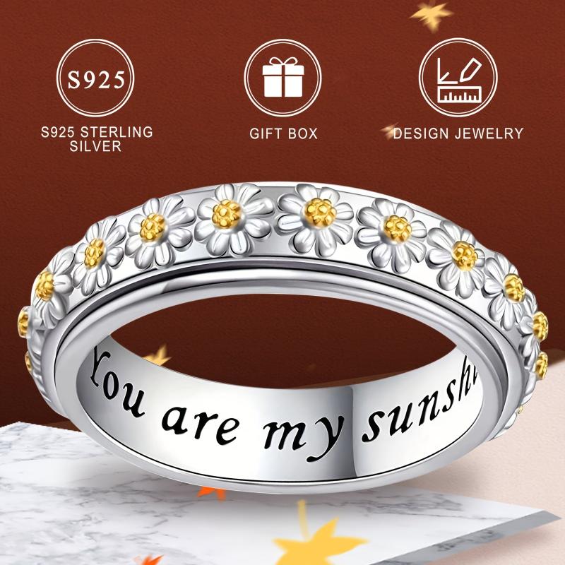 925 Silvery Women's Floral Ring 'You Are My Sunshine'